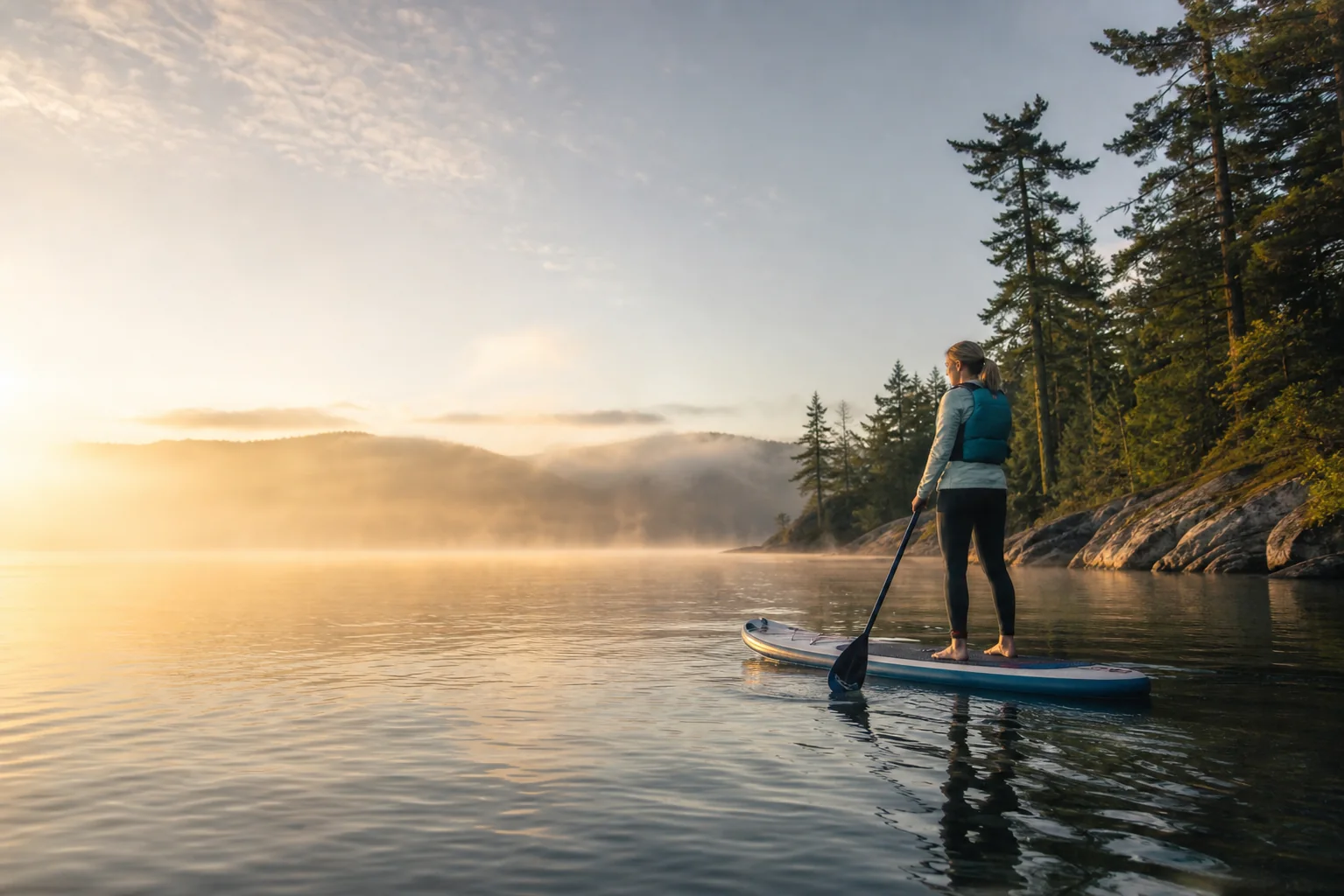 Beginner stand-up paddleboarder gliding across a calm lake at sunrise while wearing a buoyancy aid.