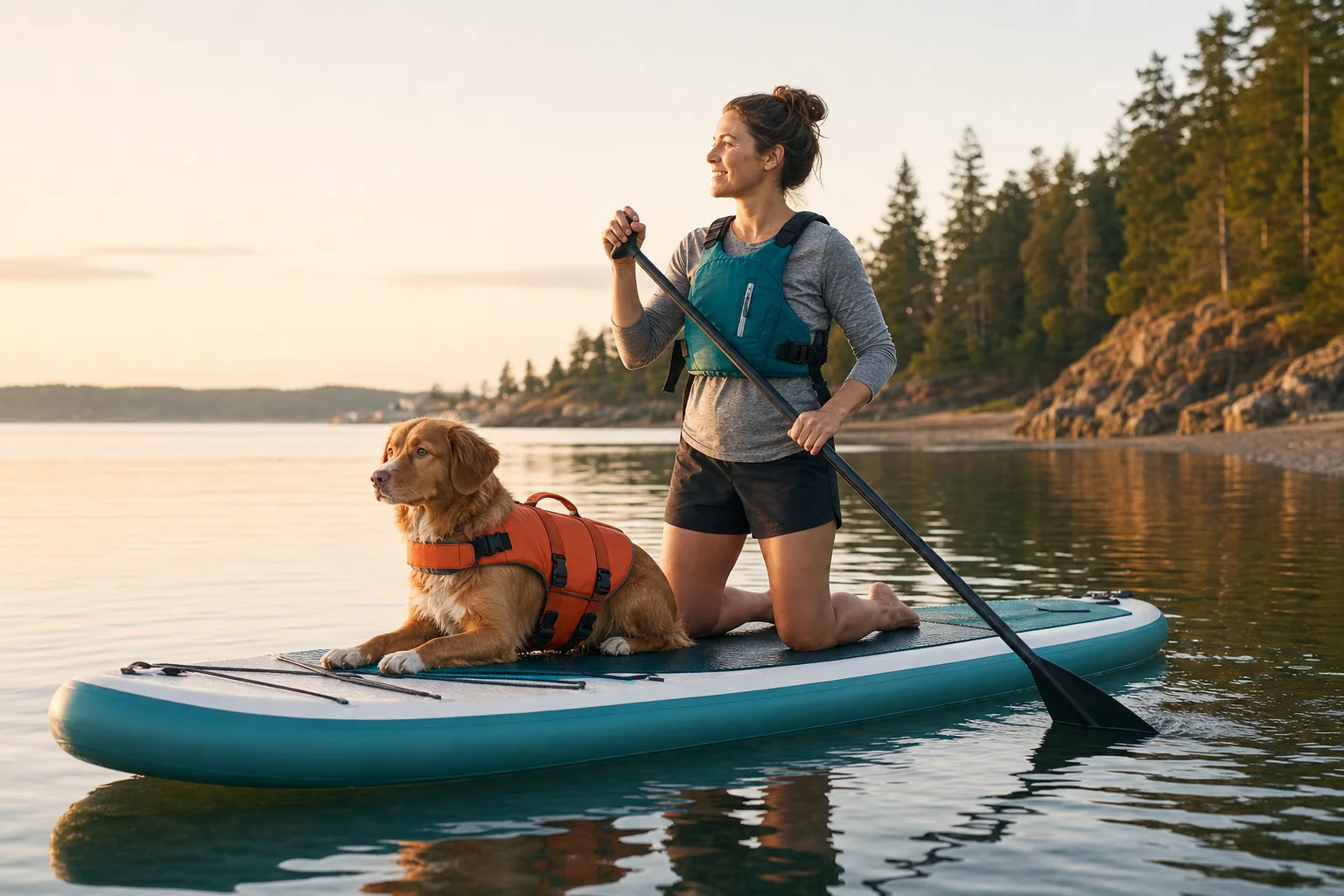 Dog wearing a bright flotation vest sitting calmly on a wide paddleboard with its owner on a quiet lake.