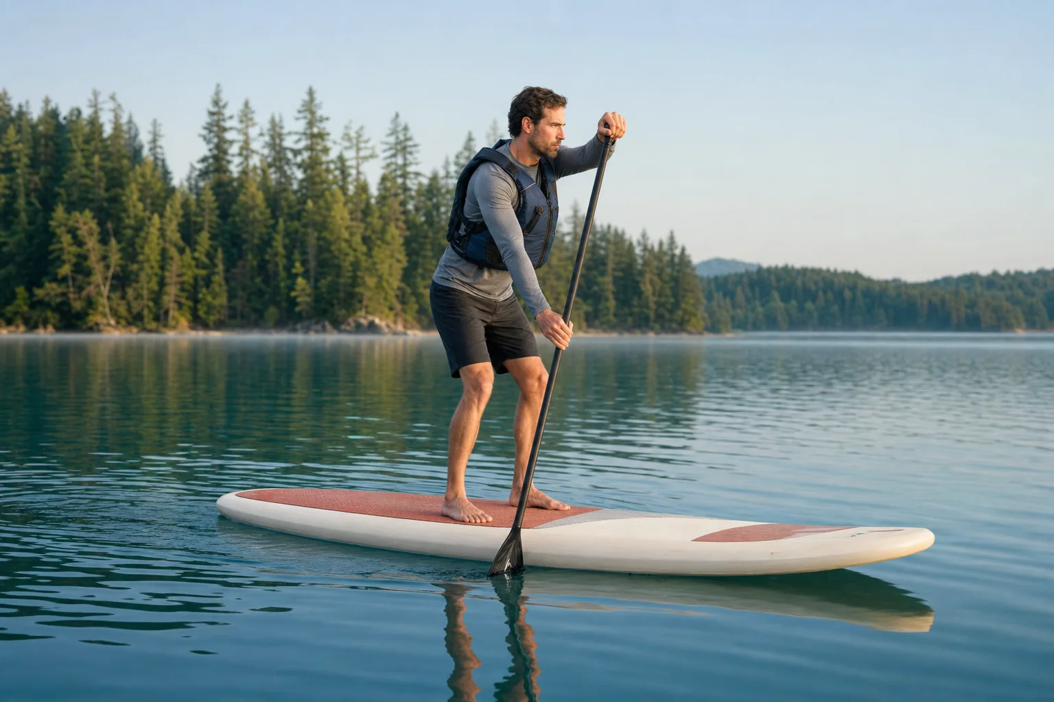 Paddler using a forward stroke with the blade fully planted beside the board.