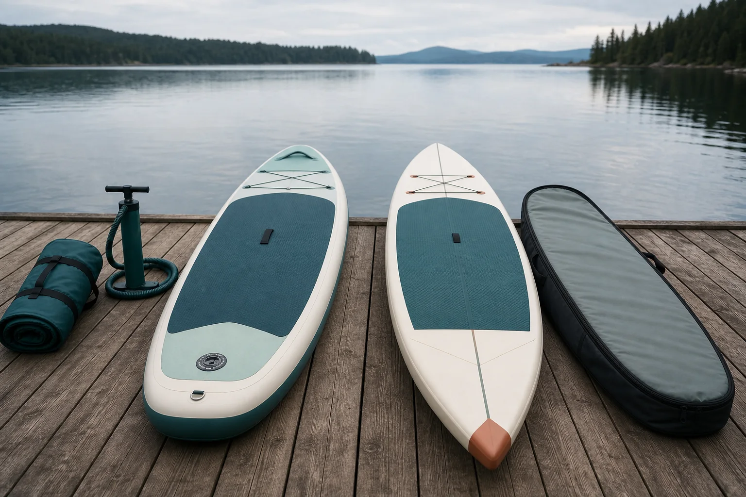 An inflatable paddleboard and a hard paddleboard resting side by side on a quiet dock.