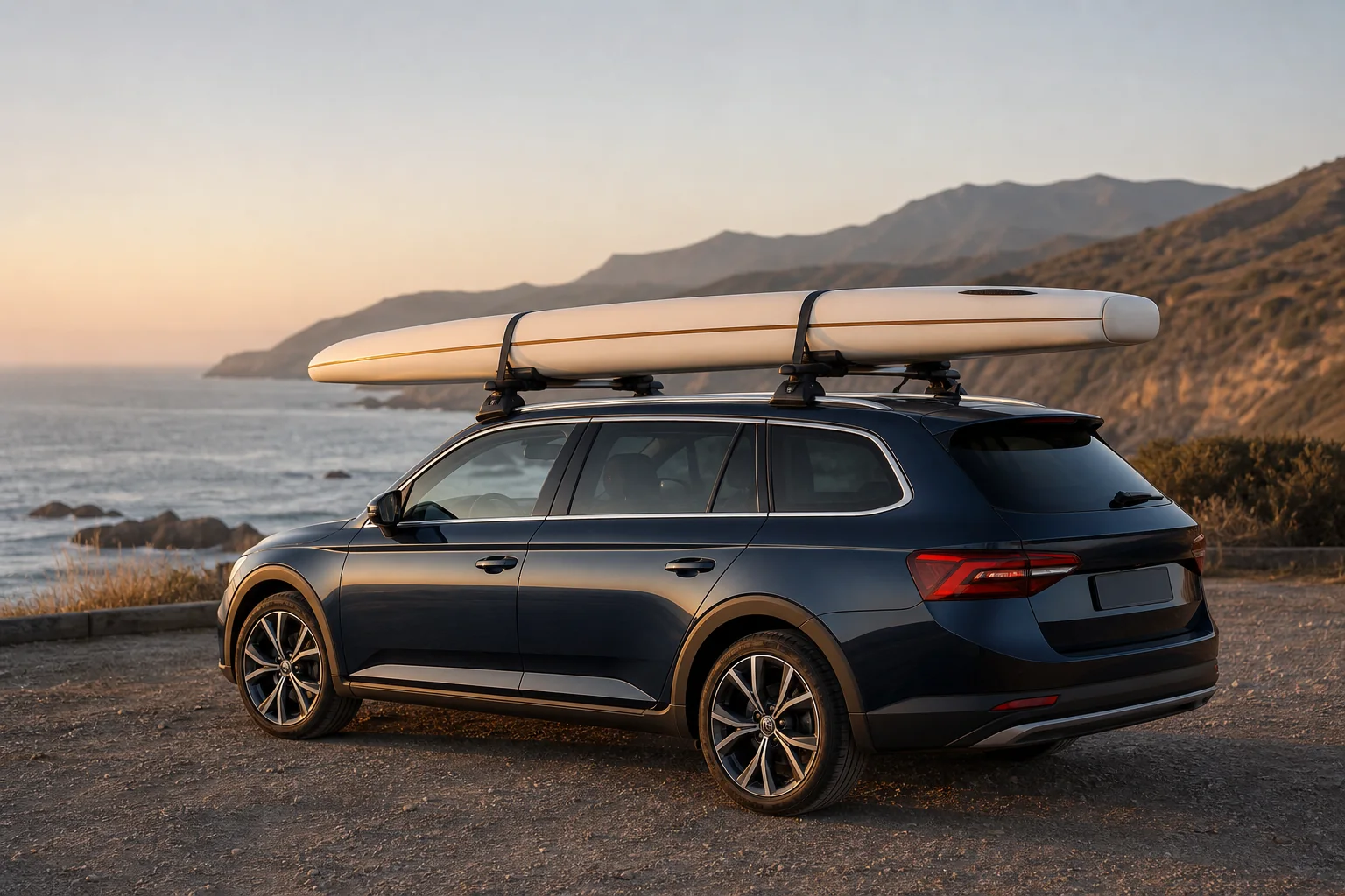 Hard paddleboard secured deck-down on padded roof bars with one cam strap at each crossbar.