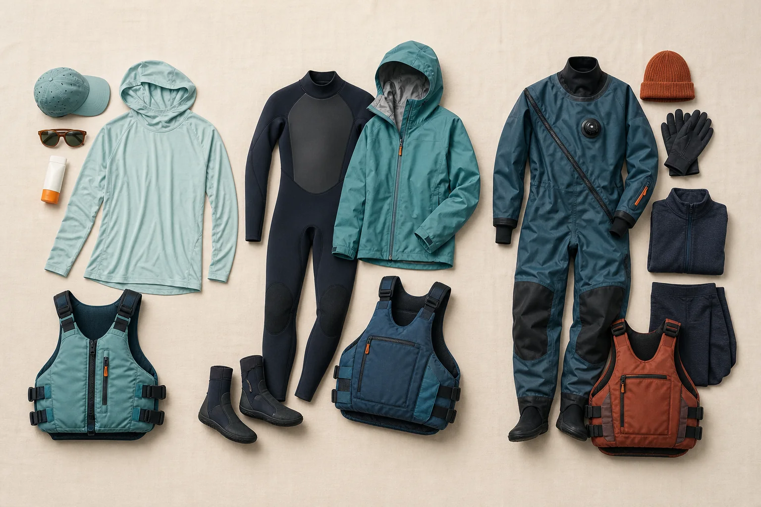 Summer, shoulder-season and cold-water paddleboarding clothing arranged in three distinct kits.